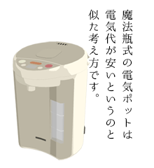 魔法瓶式の電気ポットは電気代が安いというのと似た考え方です。